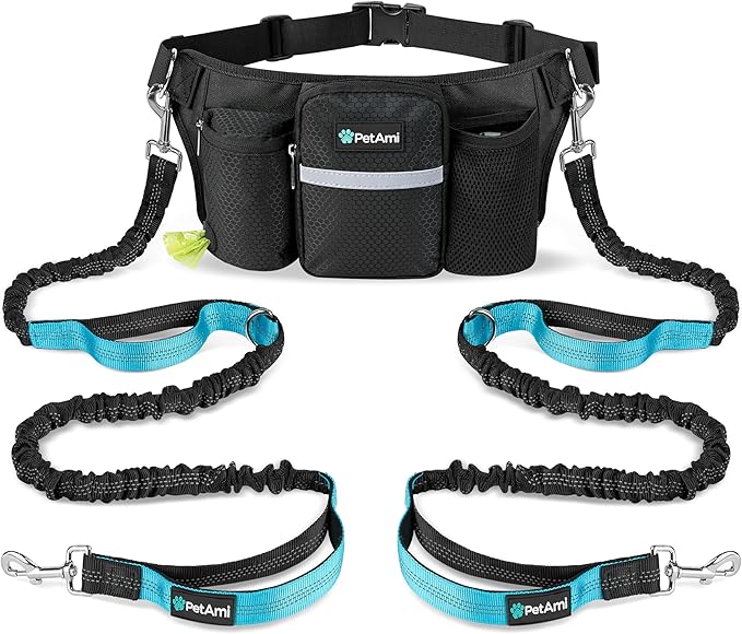 PetAmi Hands-Free Dual Dog Leash with Adjustable Waist Belt & Bungee Leads