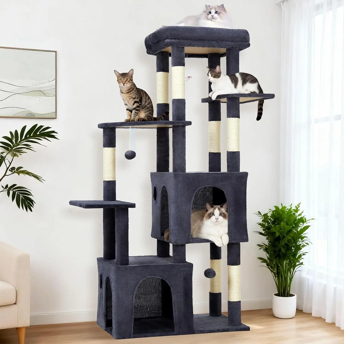 61-inch multi-level cat tree with two condos, top perch, and seven sisal scratching posts