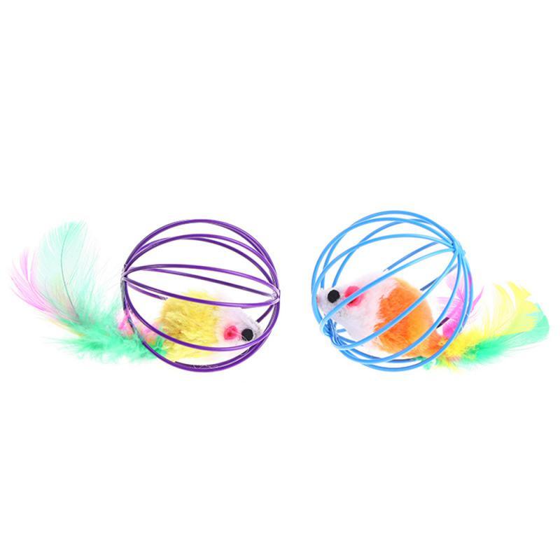 1 Pcs Cat Toy Stick Feather Wand with Bell, Mouse Cage Toys, Plastic Artificial Colorful Cat Teaser Toy, Pet Supplies Random Color Hollow Balls with Feather Tail, Kitten Chase Pounce Toy, Cat Feather Toy