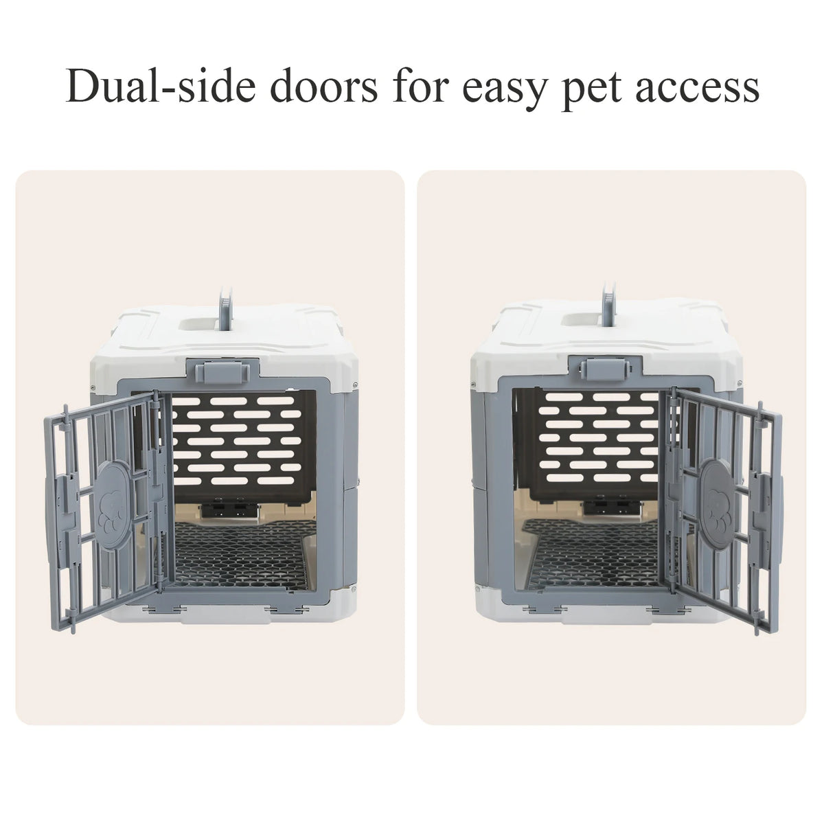 Pet carrier showing dual side doors open for easy access
