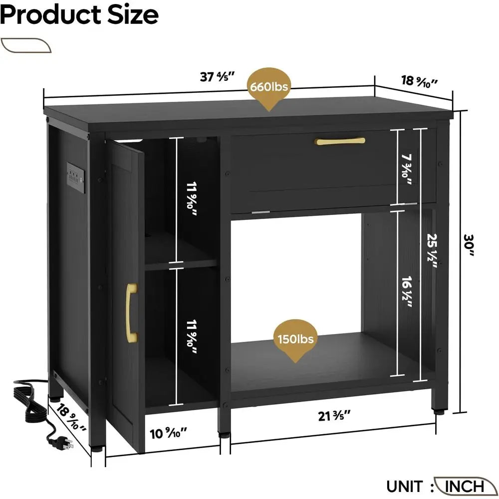 Dimension diagram of black cabinet with drawer and open shelf showing height width and depth in inches