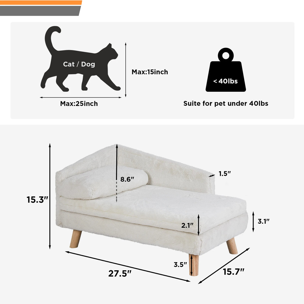 Diagram showing dimensions of a white plush pet sofa for pets up to 40lbs and 25 inches long