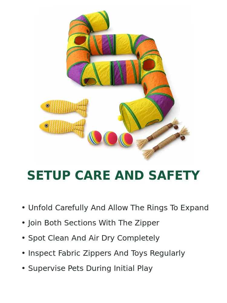 Zoe Extra-Long Cat Play Tunnel Maze – Foldable Double E-Shaped Design with Peek Holes, Pom-Poms & Interactive Toys