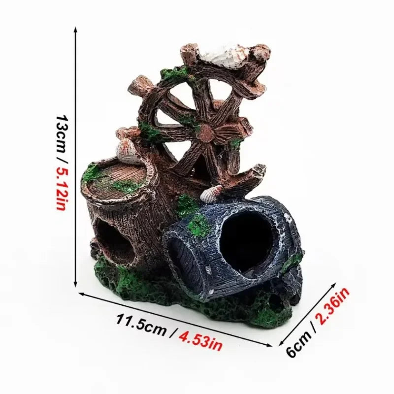 Nautical Steering Wheel & Wine Barrel Aquarium Decoration – Resin Fish Tank Ornament