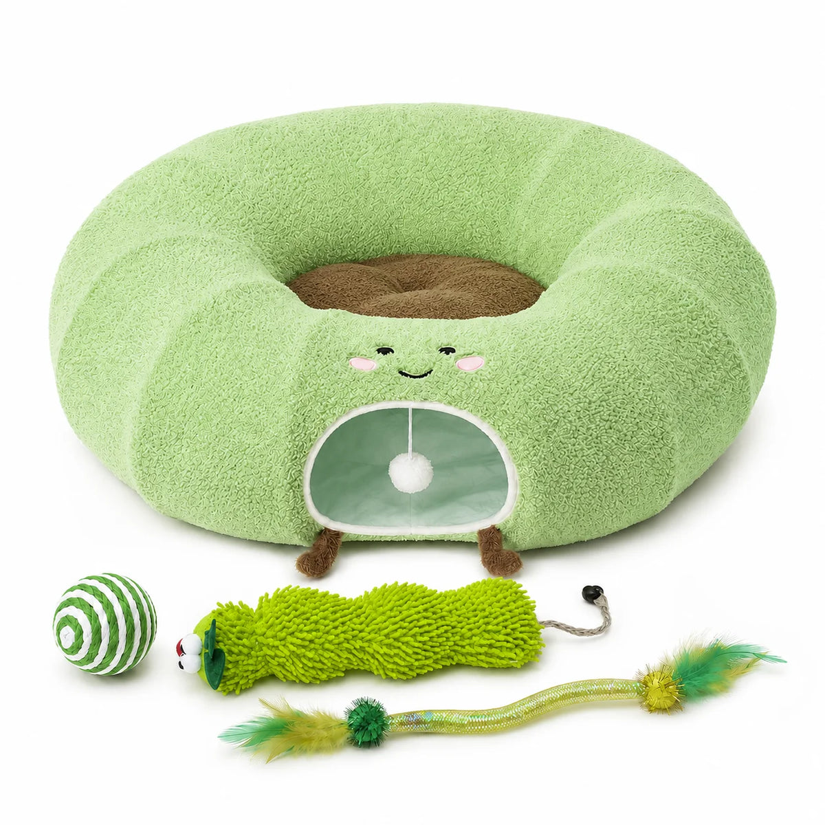 Convertible Plush Cat Tunnel & Donut Bed with Removable Cushion, Zipper Connection & Hanging Toy Ball for Indoor Cats