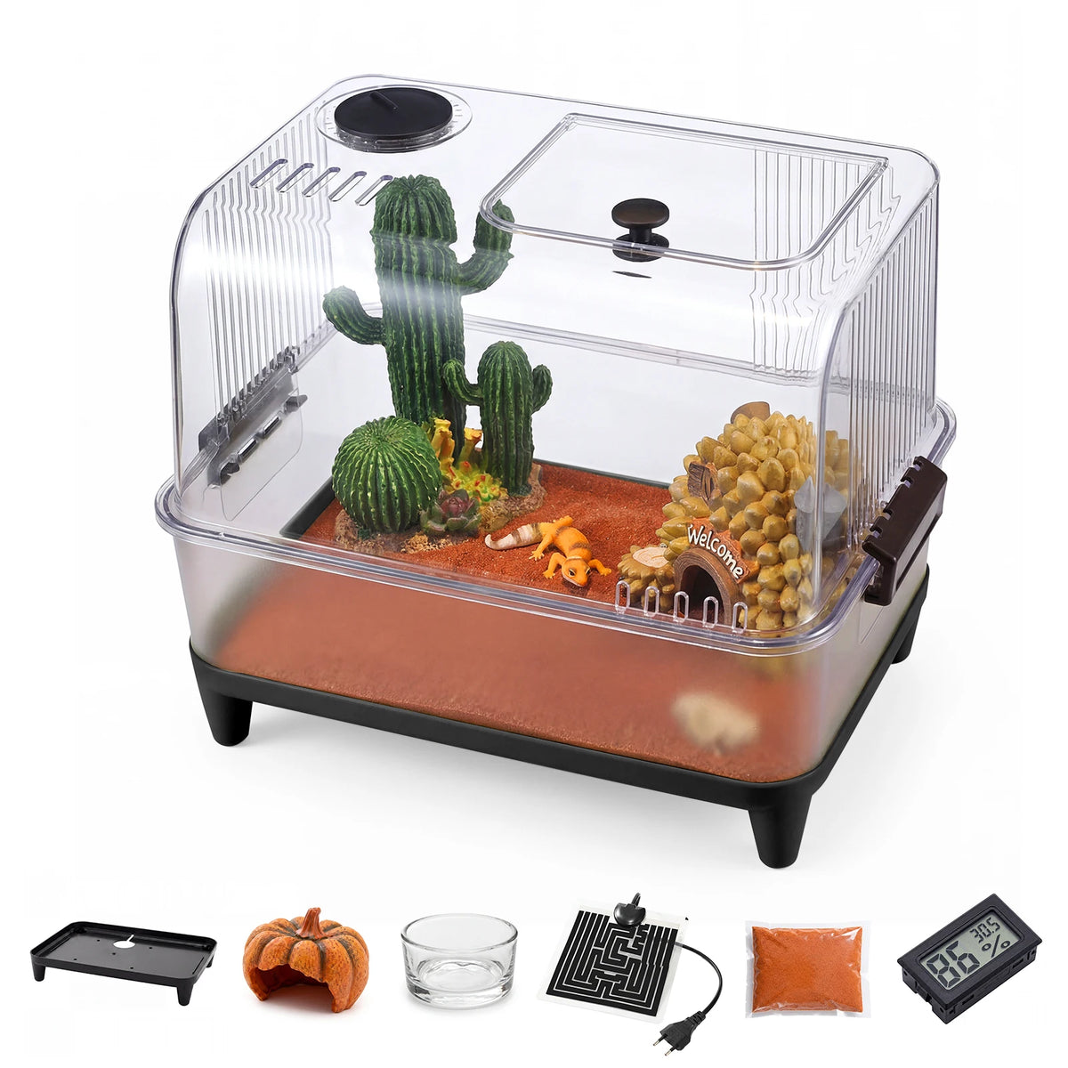 Clear reptile terrarium with cactus decor, hide, and accessories including heating pad and digital thermometer