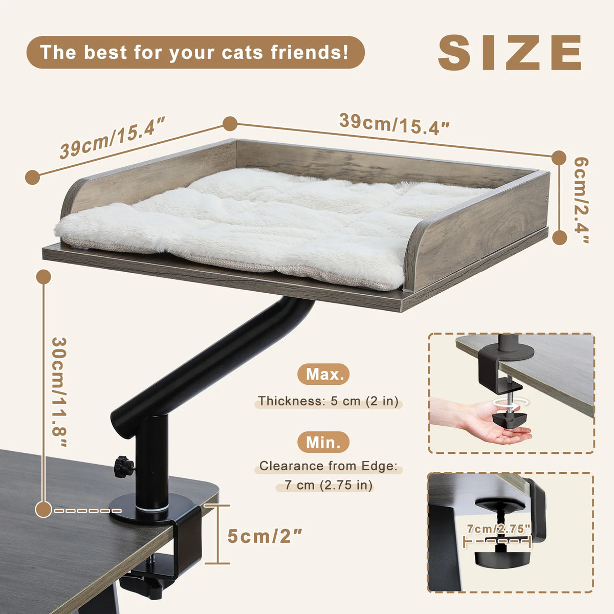 Diagram showing dimensions and clamp installation for a cat perch