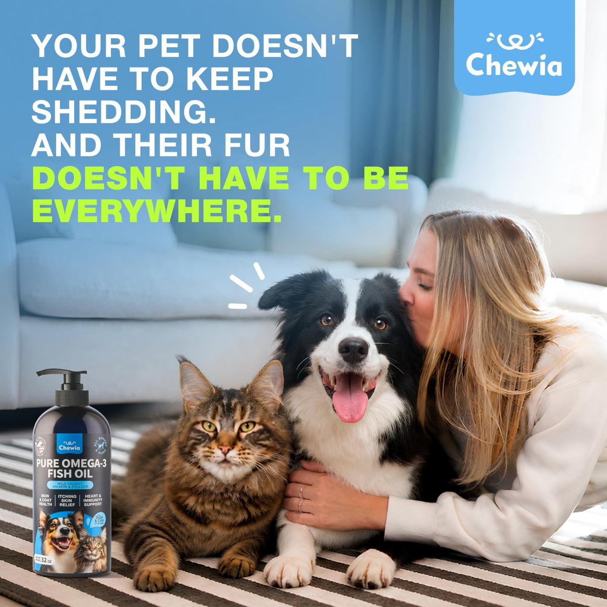 Woman with a cat and dog next to a bottle of Chewia Pure Omega-3 Fish Oil