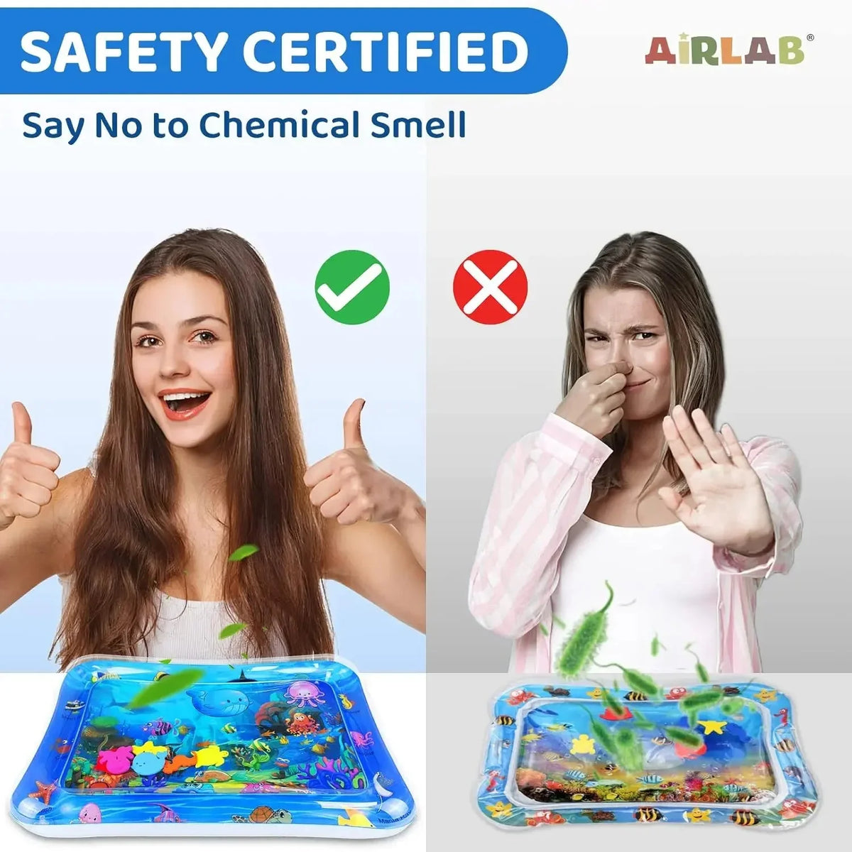 Comparison of safe odorless baby water mat versus unsafe mat with chemical smell