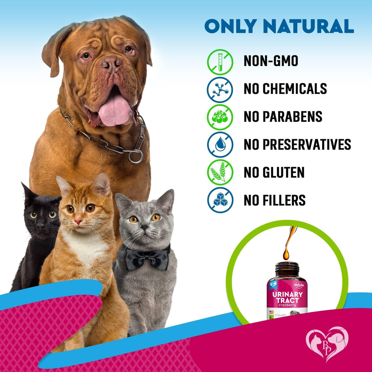 Dog and three cats next to a list of natural ingredients and a bottle of Urinary Tract Cranberry supplement