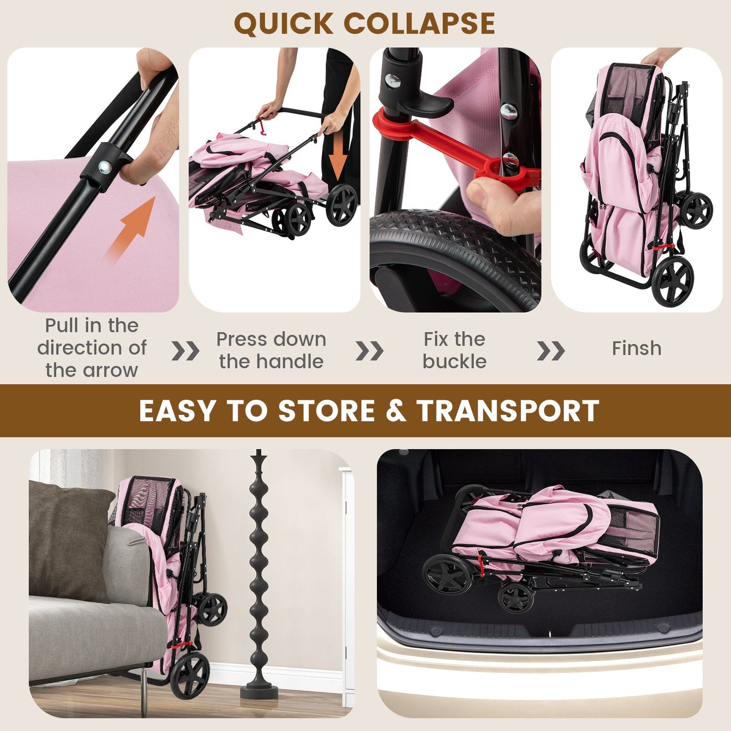 4-in-1 Double Pet Stroller with Detachable Carrier and Travel Carriage-Pink