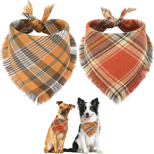 Fall Plaid Dog Bandana with Tassels – Thanksgiving Pet Scarf