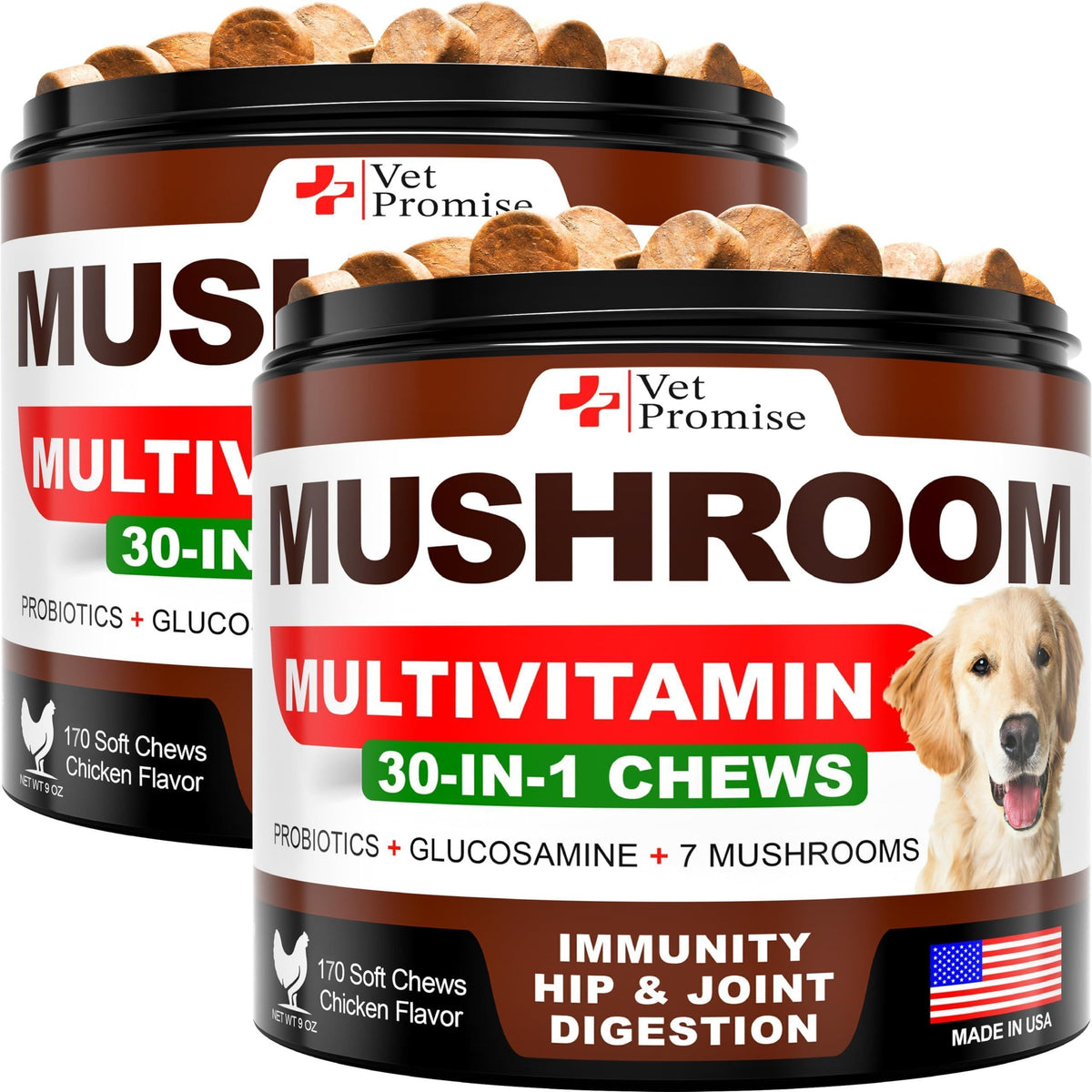 Vet Promise Mushroom Multivitamin 30-in-1 soft chews for dogs in chicken flavor