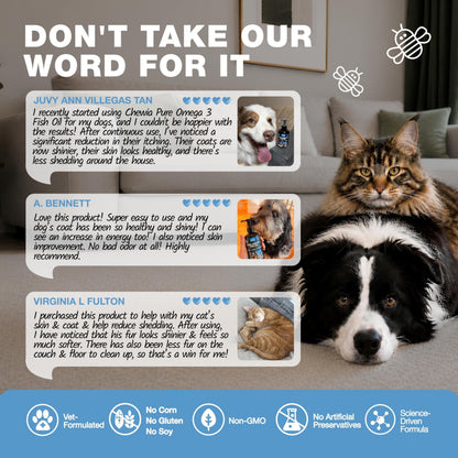 Customer reviews for Wild-Caught Fish Oil for Dogs and Cats featuring photos of pets and product benefits