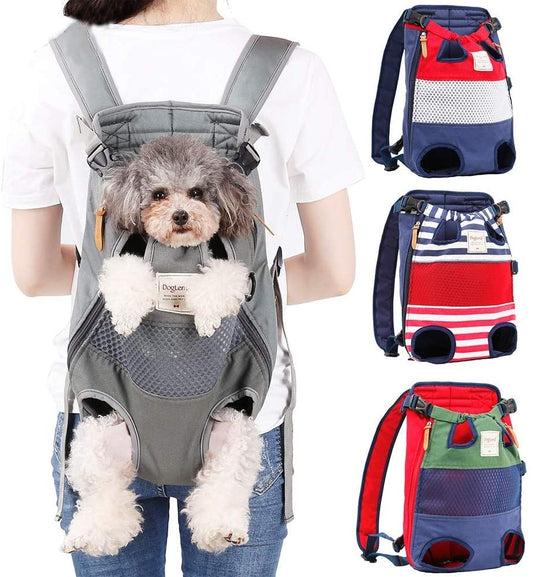 Person wearing a grey cat dog carrier front backpack with a small dog inside