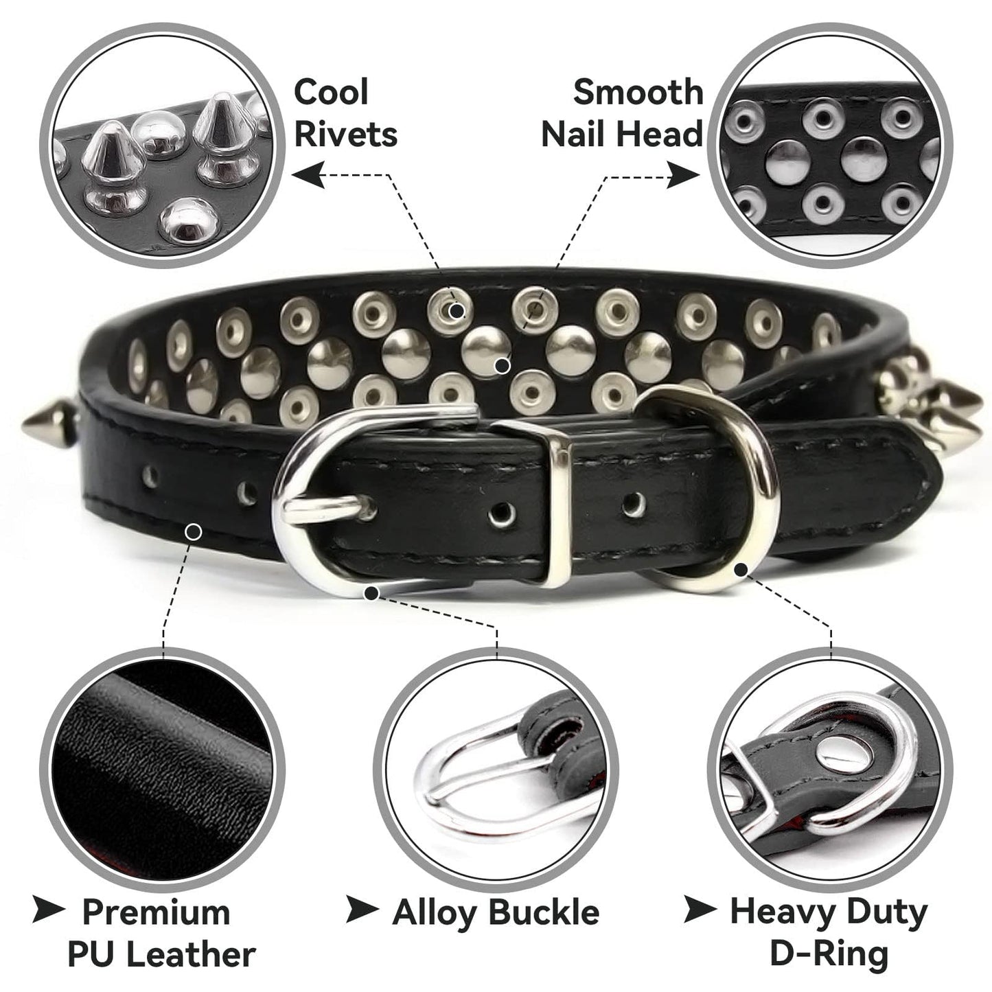 Small Spiked Black Dog, Cat Collar For Small Medium Dogs Boy Male - Adjustable Studded Puppy Collars - Soft Padded Punk Leather Dog Collar For Chihuahua French Bulldog Pug
