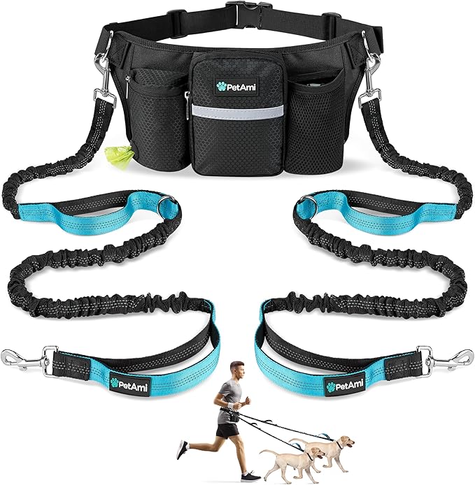 PetAmi Hands-Free Dual Dog Leash with Adjustable Waist Belt & Bungee Leads