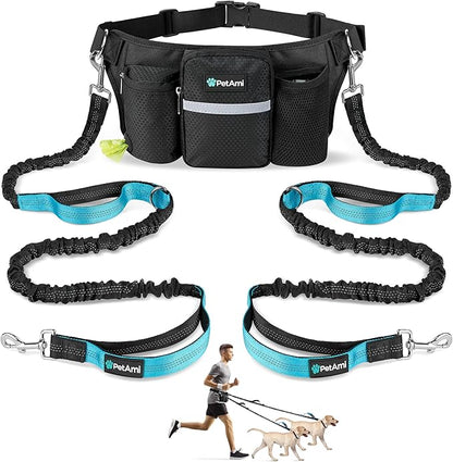 PetAmi Hands-Free Dual Dog Leash with Adjustable Waist Belt & Bungee Leads