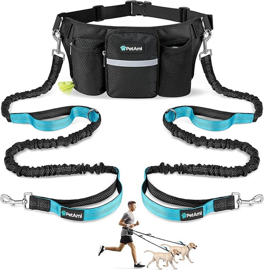 PetAmi hands free dog leash waist belt with two bungee leashes and storage pockets