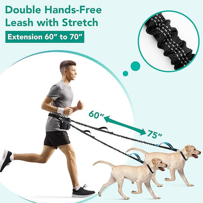 PetAmi Hands-Free Dual Dog Leash with Adjustable Waist Belt & Bungee Leads