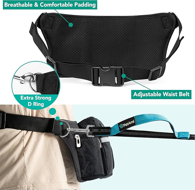 PetAmi Hands-Free Dual Dog Leash with Adjustable Waist Belt & Bungee Leads