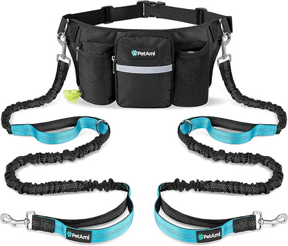 PetAmi Hands-Free Dual Dog Leash with Adjustable Waist Belt & Bungee Leads