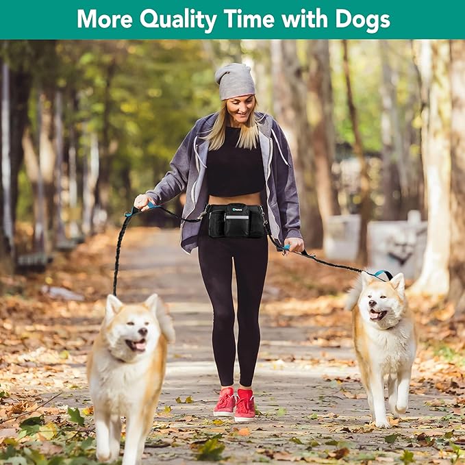 PetAmi Hands-Free Dual Dog Leash with Adjustable Waist Belt & Bungee Leads