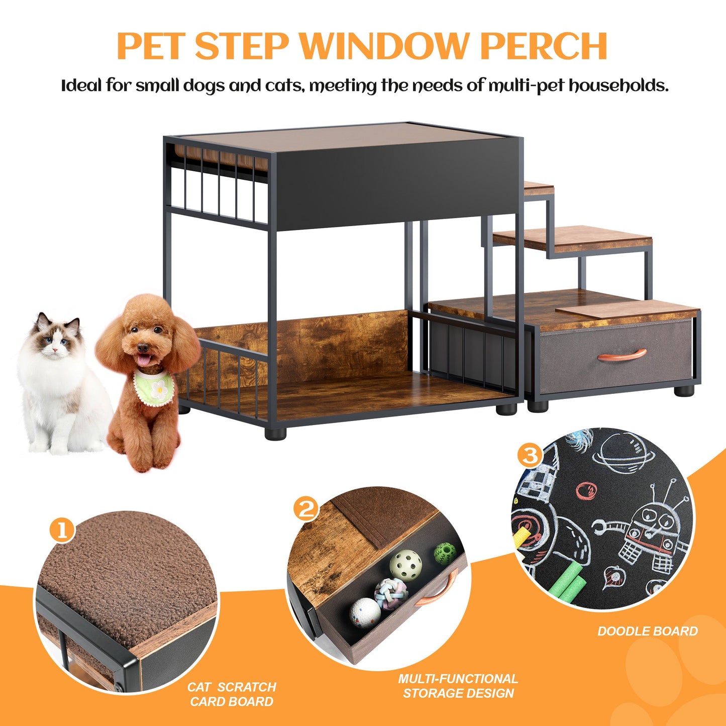 ET Step Window Perch, Bunk Beds Window Perch for Dogs, Bedside Lounge Elevated Dog Bed, Multi-Level Platform with sponge Vintage