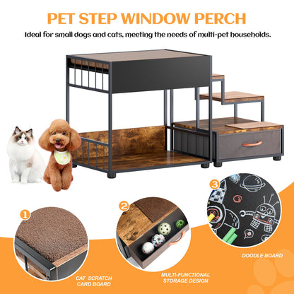 ET Step Window Perch, Bunk Beds Window Perch for Dogs, Bedside Lounge Elevated Dog Bed, Multi-Level Platform with sponge Vintage