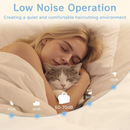 Woman sleeping with a cat with a decibel scale chart showing low noise operation