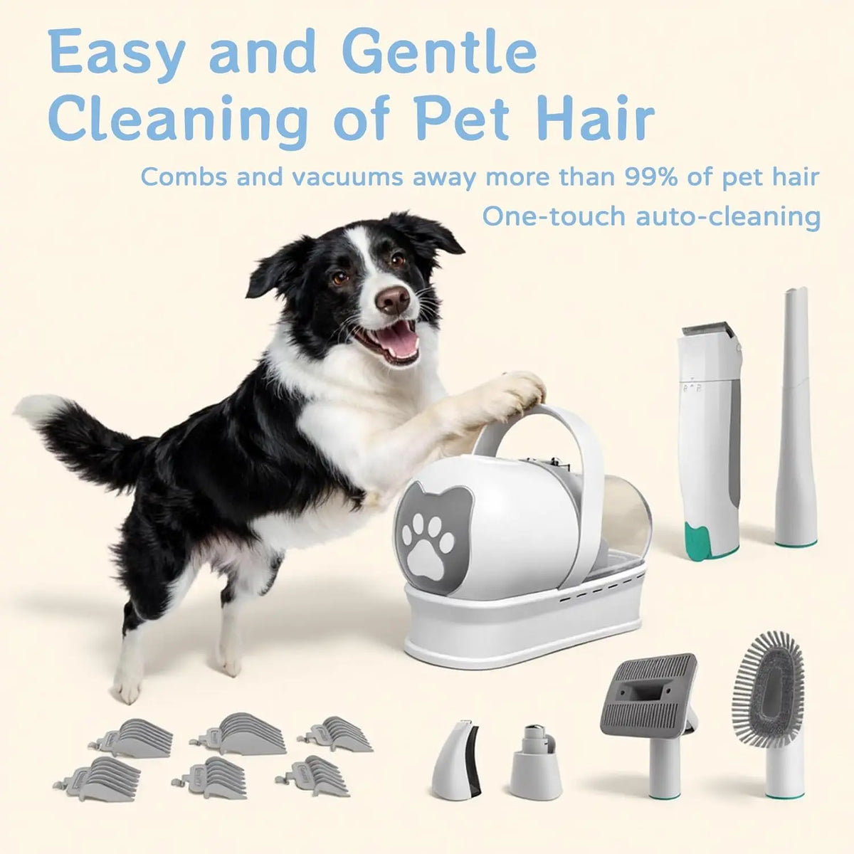 Border Collie with pet grooming vacuum kit featuring various attachments and clipper guards
