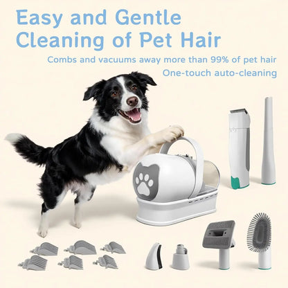 Border Collie with pet grooming vacuum kit featuring various attachments and clipper guards