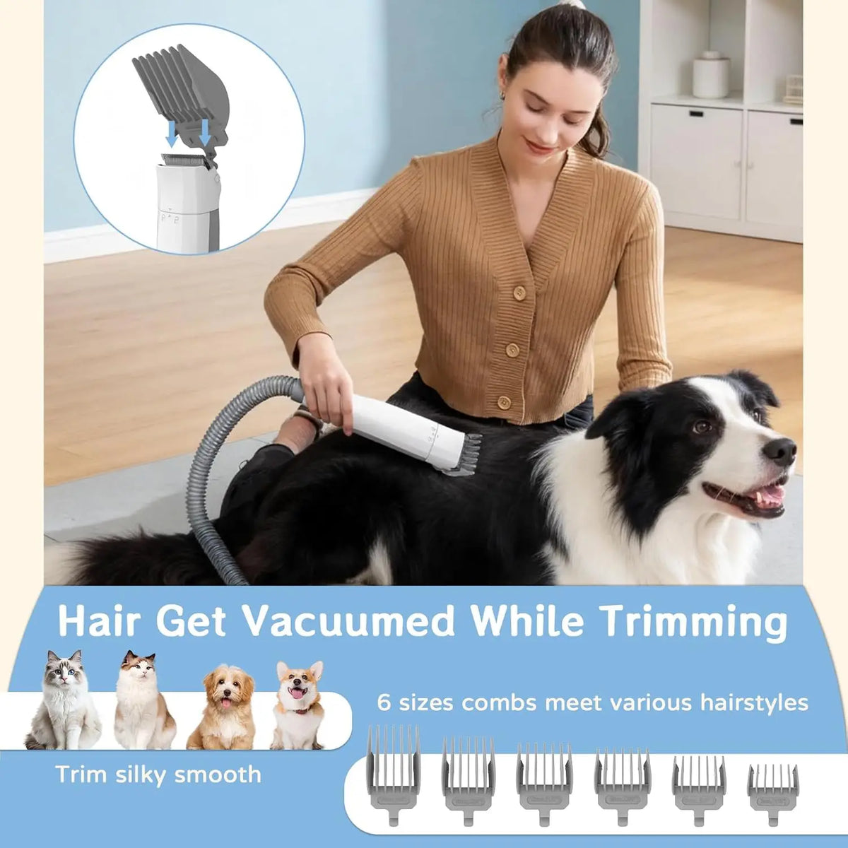 Person using a pet grooming vacuum clipper on a dog with six different attachment combs