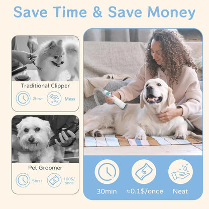 Comparison infographic showing time and cost savings of pet grooming vacuum versus traditional methods