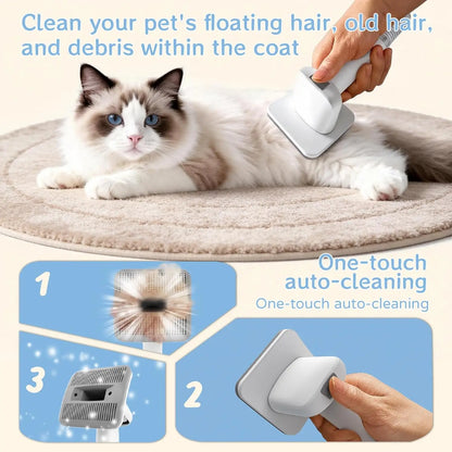 Person using a self-cleaning pet grooming brush on a cat with three steps showing the auto-cleaning mechanism