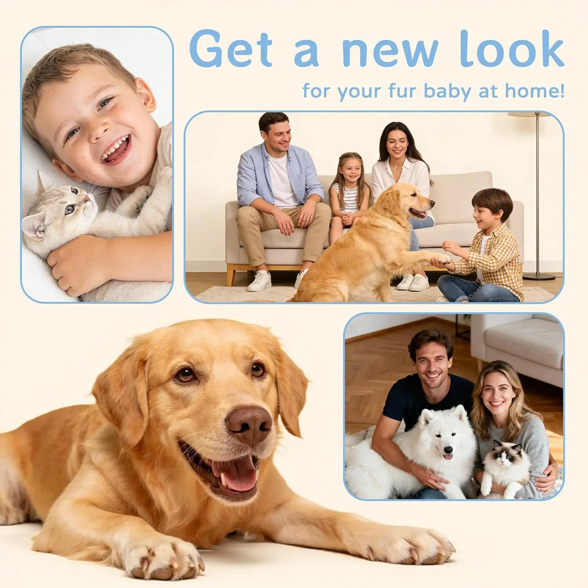 Collage of families and pets including a golden retriever and a cat