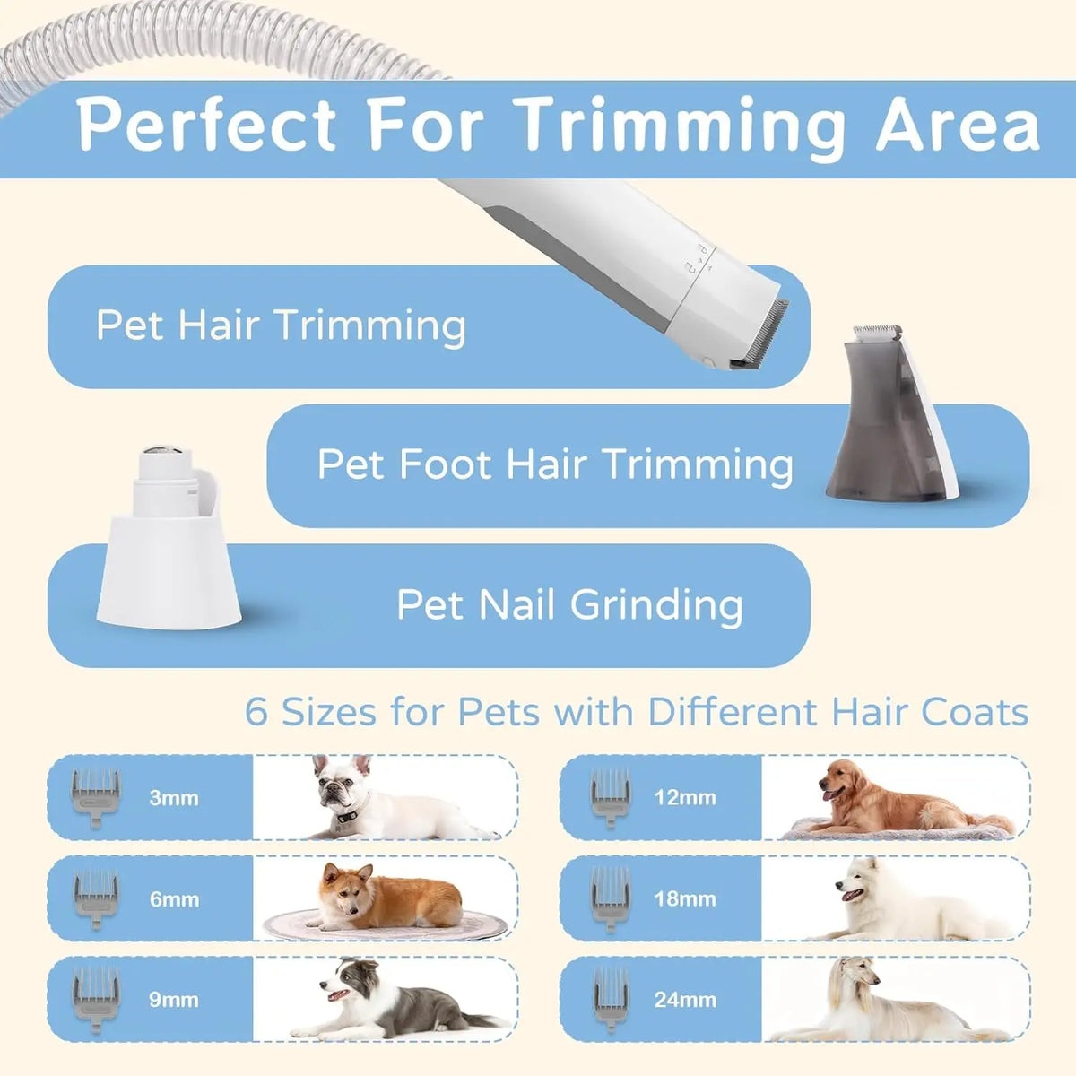 Pet grooming tool showing trimming attachments and six guard sizes for different hair lengths