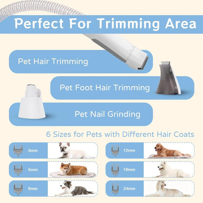 Pet grooming tool showing trimming attachments and six guard sizes for different hair lengths