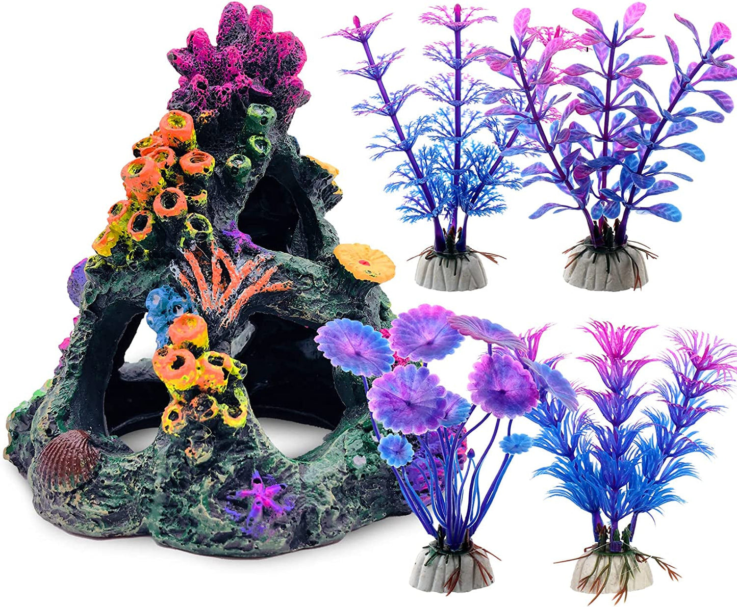 Fish Tank Decoration Coral Reef Set, Aquarium Ornament Cave Plants, Betta Decor