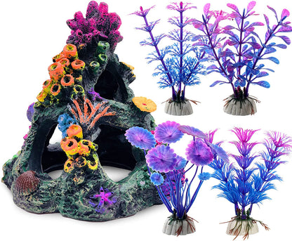 Fish Tank Decoration Coral Reef Set, Aquarium Ornament Cave Plants, Betta Decor