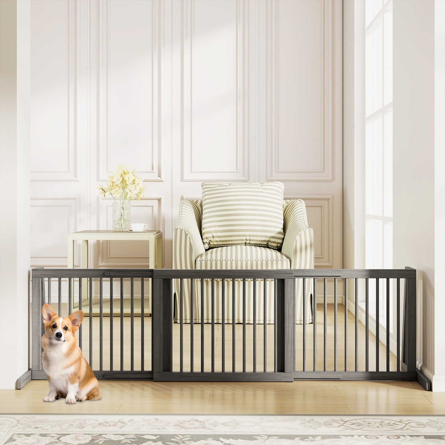 Adjustable 3-Panel Wood Pet Gate - Foldable Dog Fence