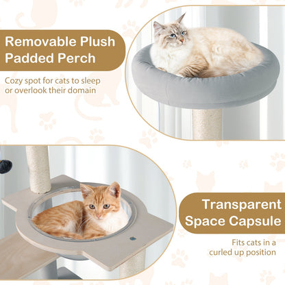 Modern Cat Tree 44 Inch Multi-level Cat Tower with Removable Padded Top Perch-Natural