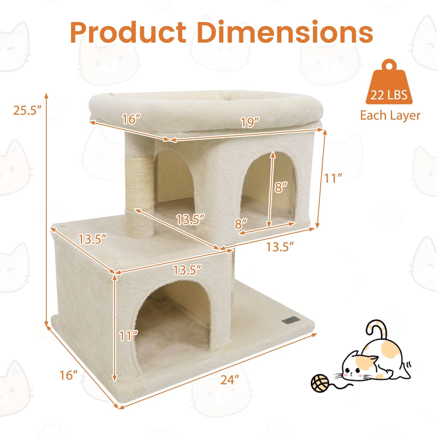 Modern Cat Tree Space-saving Cat Tower with Upholstered Perch and 2 Cat Condos