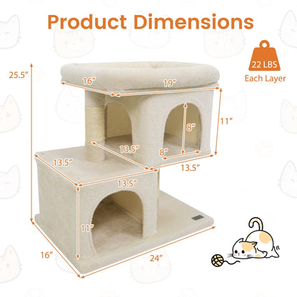 Modern Cat Tree Space-saving Cat Tower with Upholstered Perch and 2 Cat Condos