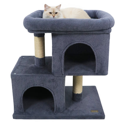 Modern Cat Tree Space-saving Cat Tower with Upholstered Perch and 2 Cat Condos