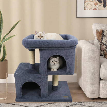Modern Cat Tree Space-saving Cat Tower with Upholstered Perch and 2 Cat Condos