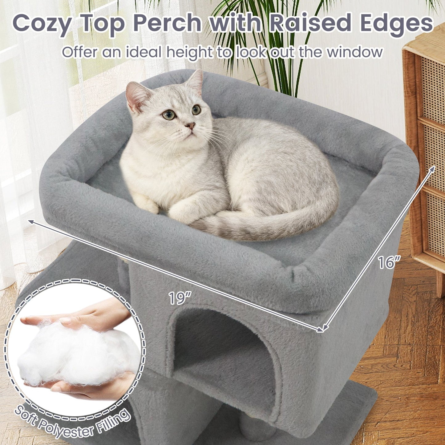 Modern Cat Tree Space-saving Cat Tower with Upholstered Perch and 2 Cat Condos