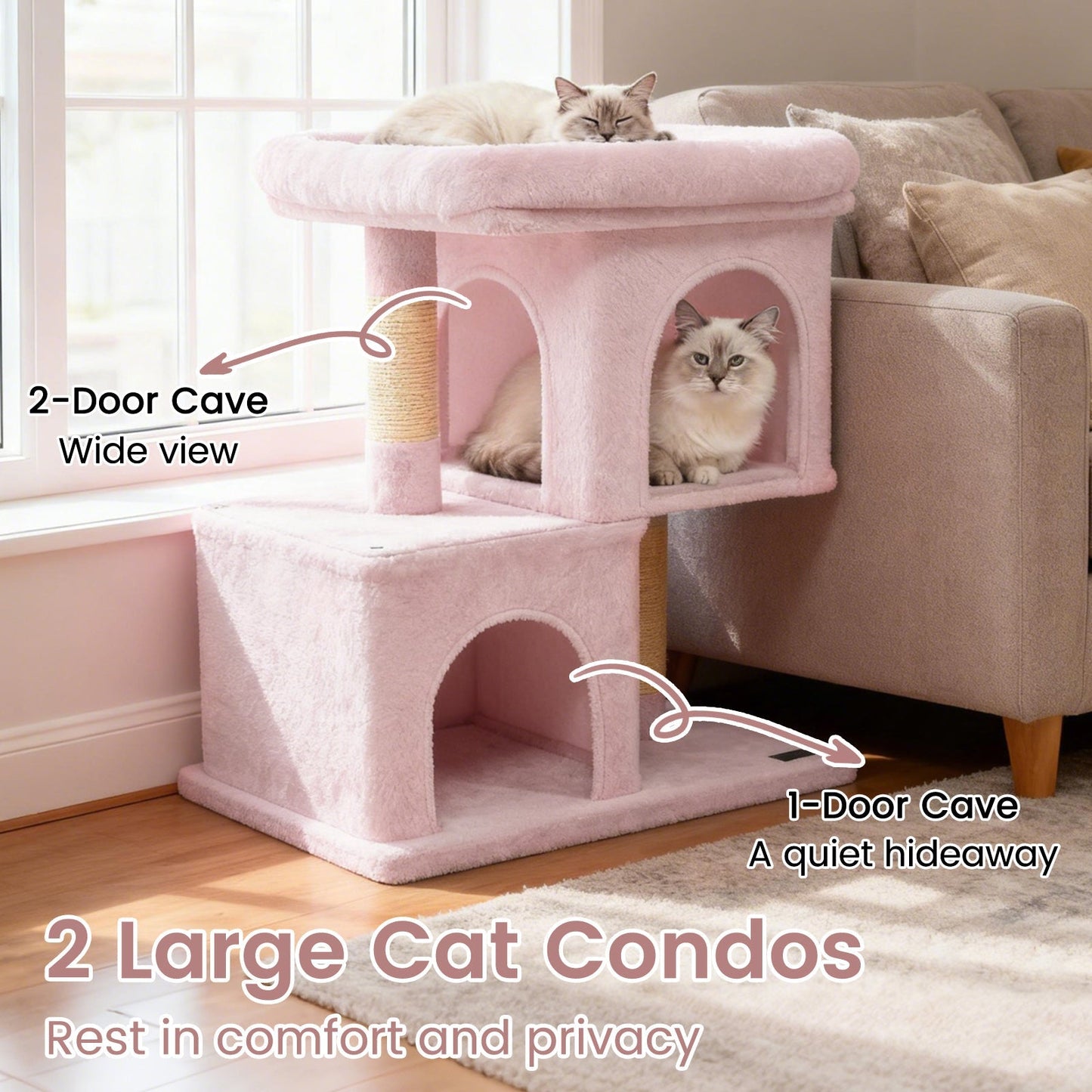 Modern Cat Tree Space-saving Cat Tower with Upholstered Perch and 2 Cat Condos