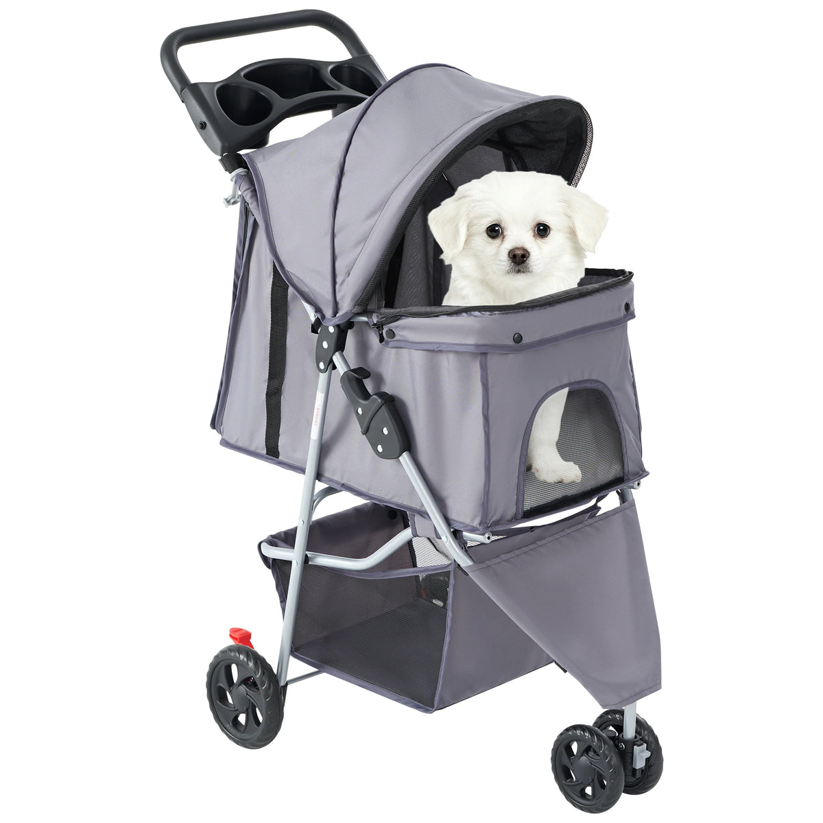 JHK 3-Wheel Foldable Pet Stroller for Small Dogs & Cats – Mesh Windows, Storage Basket & Cup Holder