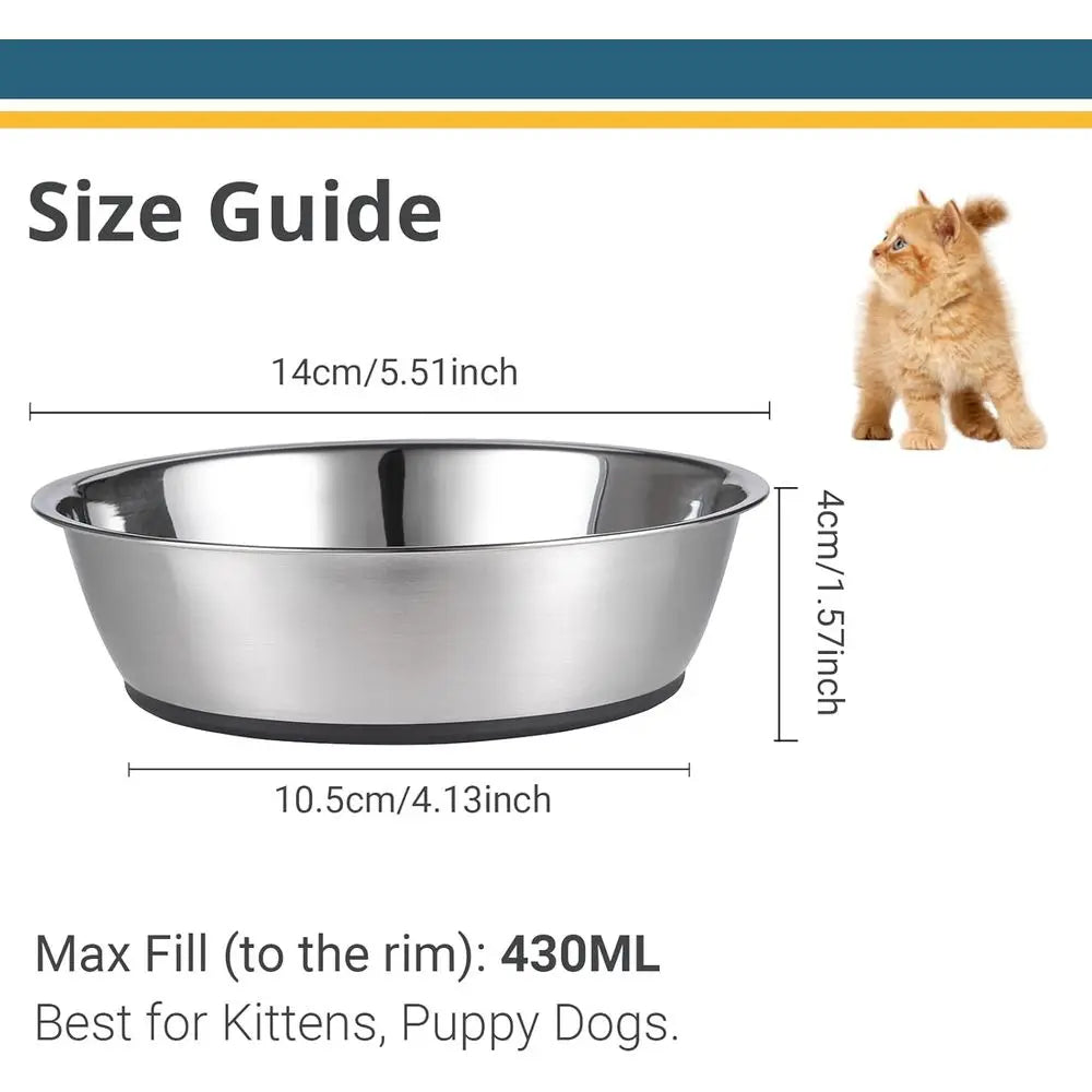 Stainless steel pet bowl size guide with dimensions 14cm width and 4cm height